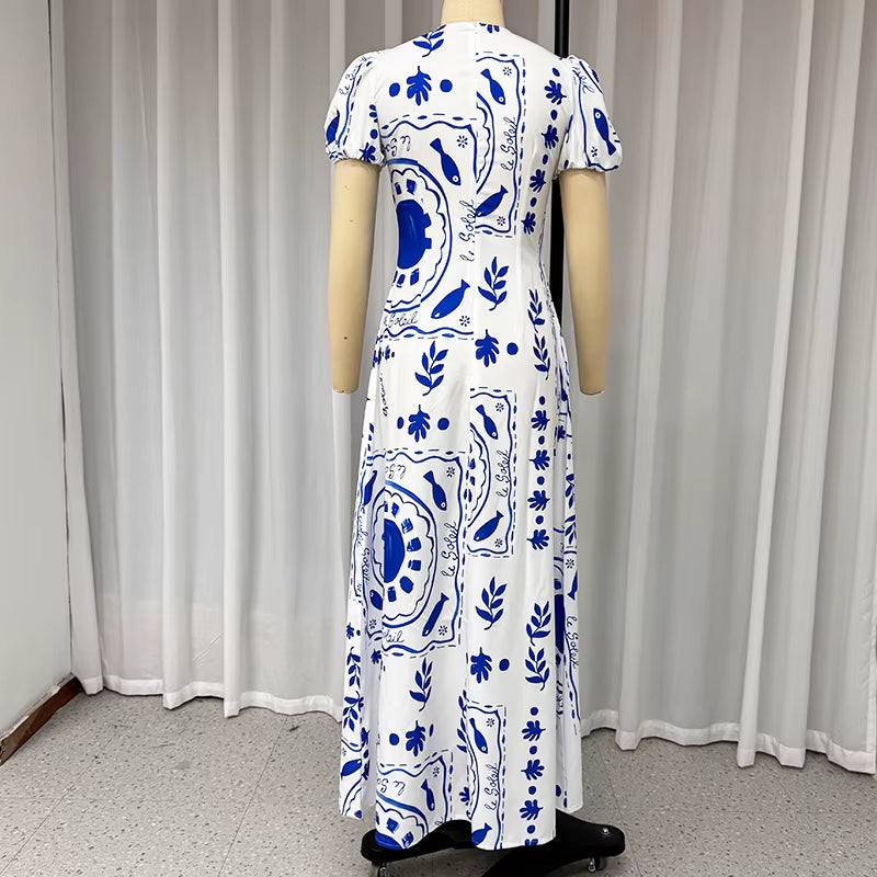 Ellafads™ Summer Glam Maxi Dress – Printed Deep V-Neck, Puff Sleeves, Waist-Slimming Fit for Beach to Party Chic