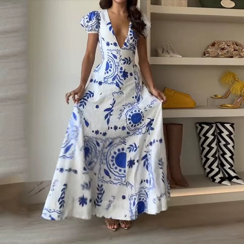 Ellafads™ Summer Glam Maxi Dress – Printed Deep V-Neck, Puff Sleeves, Waist-Slimming Fit for Beach to Party Chic